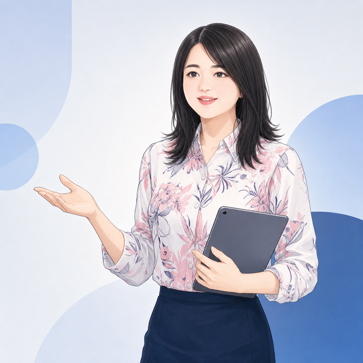 タブレットを持ってWebDropを説明する杏奈