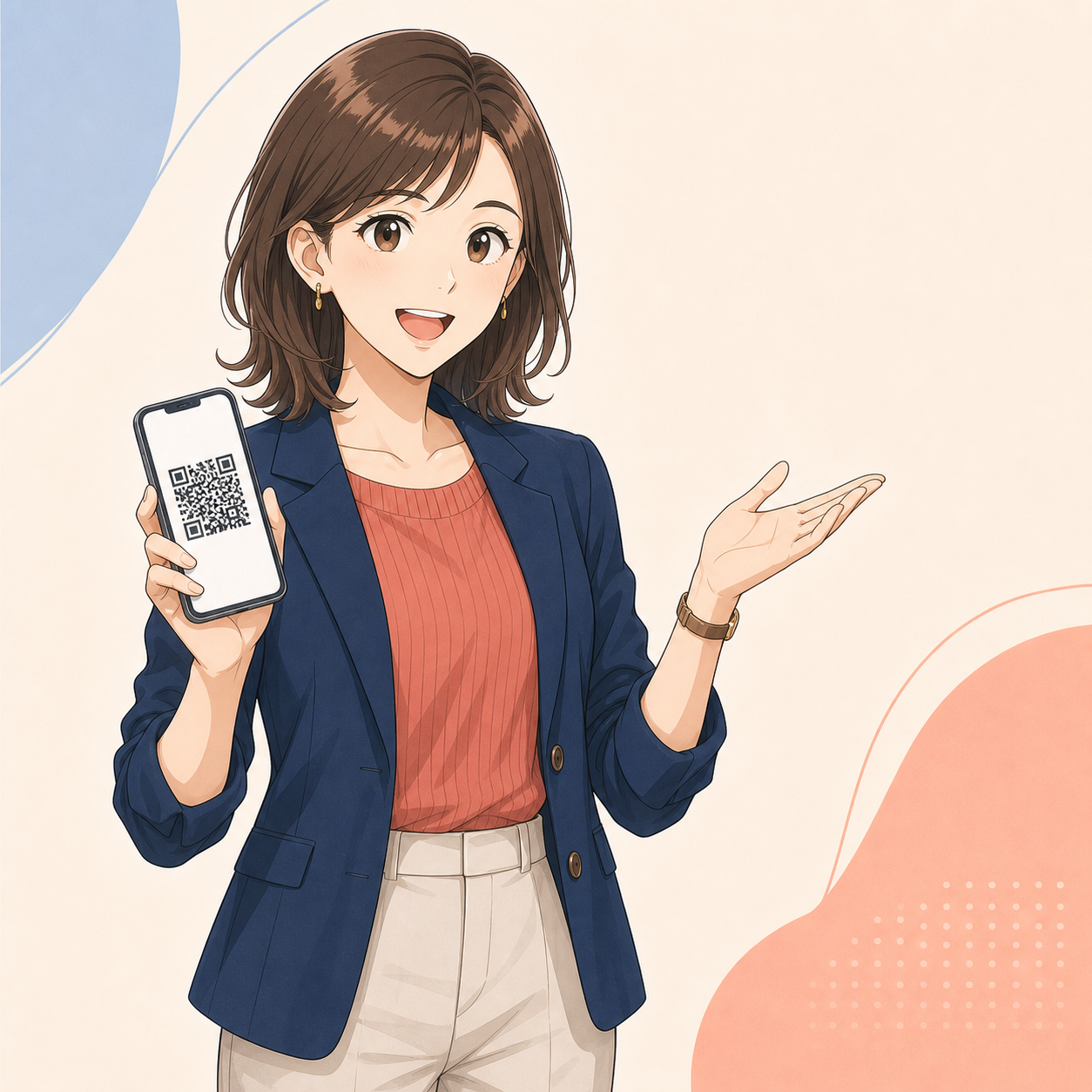 QRコードを見せながら相談する紗季