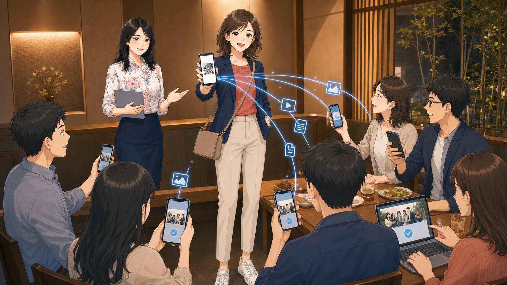 紗季が飲み会の参加者へQRコードを見せ、WebDropで写真・動画・資料を複数端末へ転送している様子