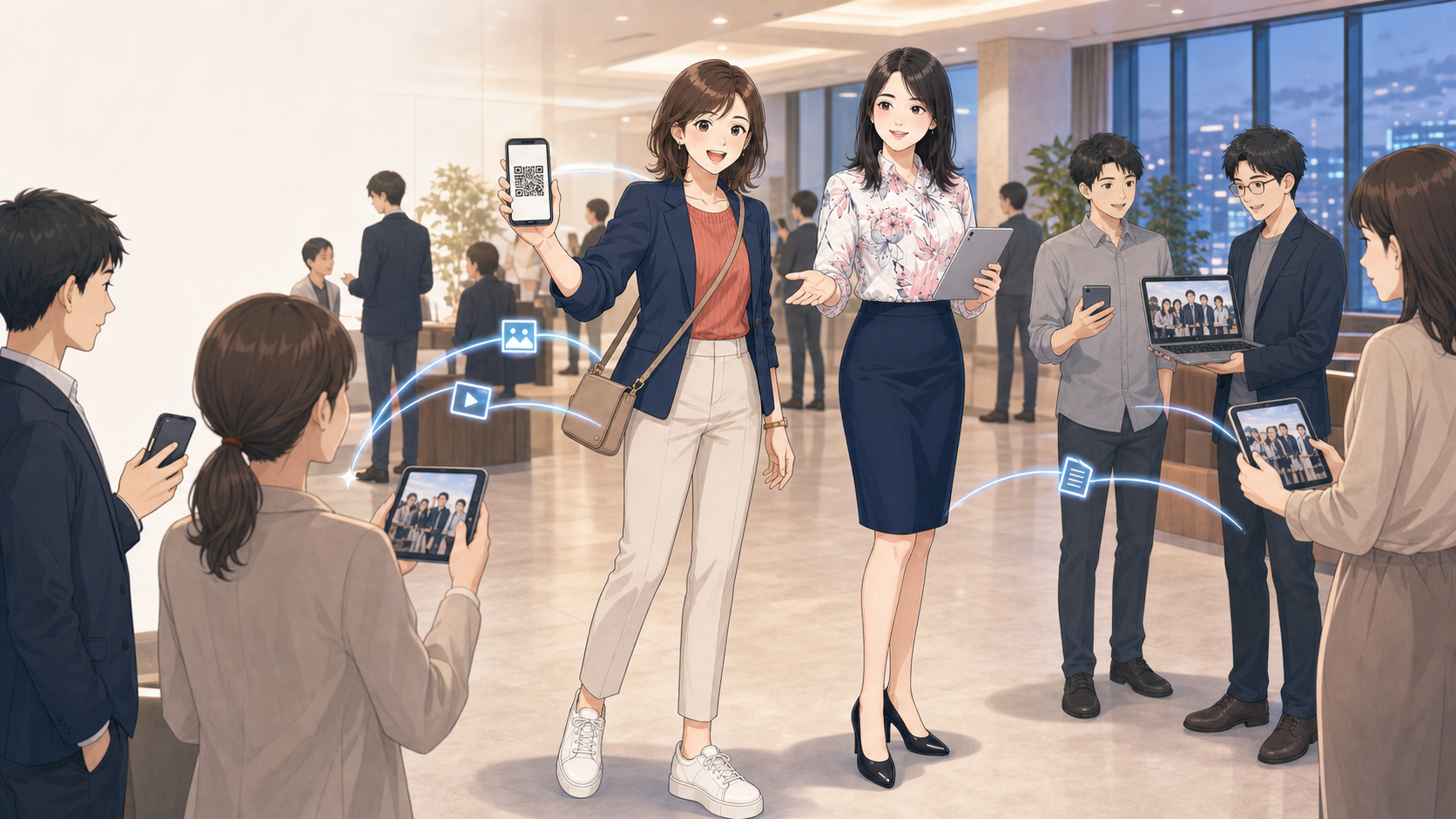 イベント会場で、紗季がQRコードを見せ、杏奈が複数端末へのファイル共有を案内している様子